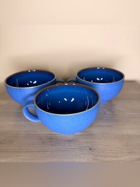 Reflex Denby Stoneware England Set of 3 Breakfast Large Teacups Blue on Blue